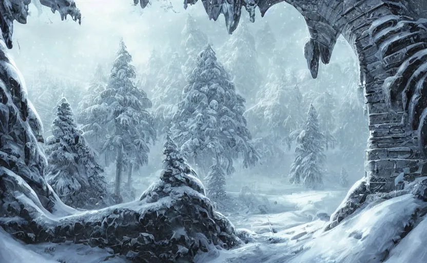 Image similar to a snowy landscape, sparse fir trees, scattered broken ancient ruin structures, giant archways, fantasy digital painting, stunning, intricate details, artwork by ross tran and artgerm