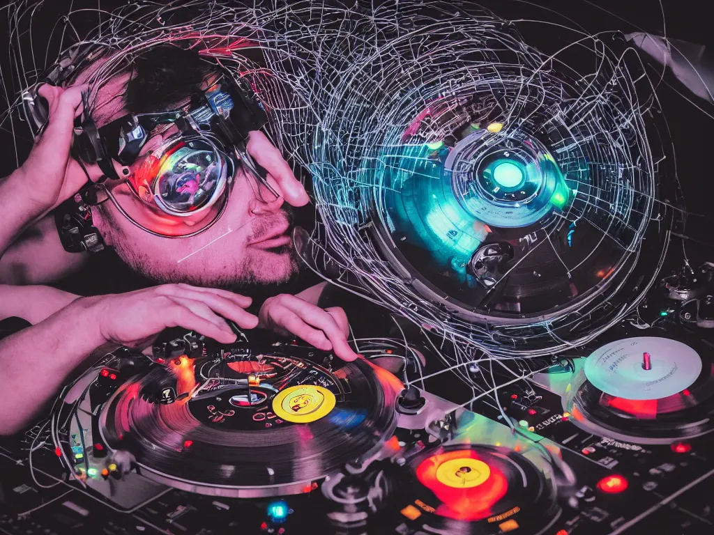 Image similar to a person wearing goggles and visor and headphones using a retro record player contraption, wires and tubes, turntablism dj scratching, intricate planetary gears, cinematic, imax, sharp focus, leds, bokeh, iridescent, black light, fog machine, hazy, lasers, hyper color digital art