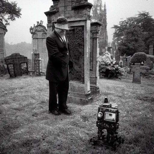 Prompt: an old man shaking hands with a robot in a graveyard, liminal, gothic, eerie, intricate, detailed, award winning photograph, cinestill 8 0 0 t,