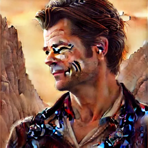 Image similar to A combination of Timothy Olyphant's and Orlando Bloom's and Chris Pine's faces as Nathan Drake, western, D&D, fantasy, intricate, elegant, highly detailed, digital painting, artstation, concept art, matte, sharp focus, illustration, art by Artgerm and Greg Rutkowski and Alphonse Mucha