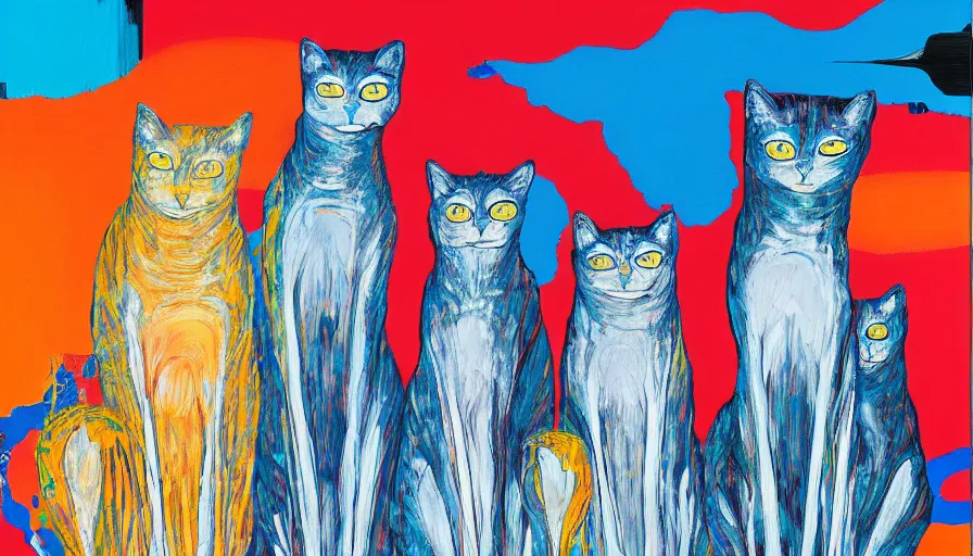 Prompt: contemporary semi abstract acrylic painting of really tall sitting cats by makoto shinkai, by stanley donwood, kessler art, thick brush strokes and visible paint layers, multicolor color scheme