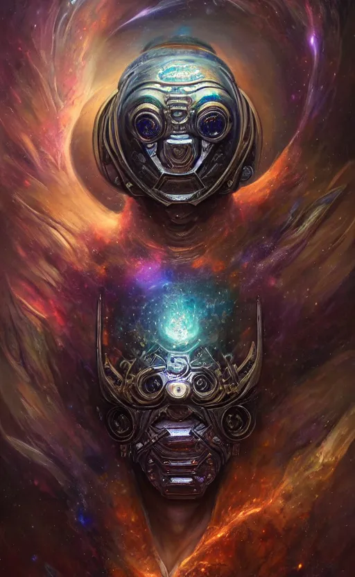 Prompt: dark horror cosmic crystal nebula mf doom glowing bright eyes, platinum skin, centered, digital painting, artstation, concept art, smooth, sharp focus, illustration, artgerm, tomasz alen kopera, peter mohrbacher, donato giancola, joseph christian leyendecker, wlop, frank frazetta