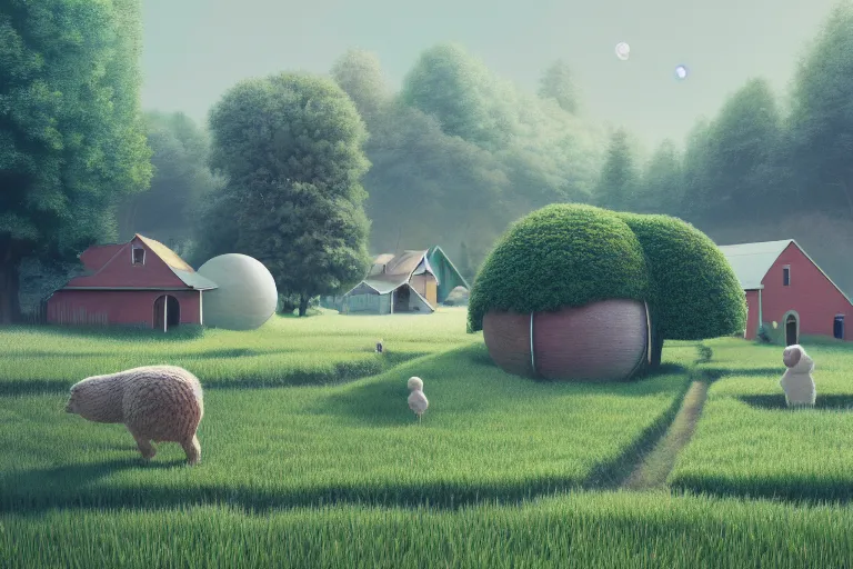 Prompt: peaceful day in farmer village with spherical psychodelic anomaly, trees, houses, fields, elegant, highly detailed, smooth, photoreal, sharp focus, illustration, beautiful, geometric, dmt trending on artstation, cinematic, artwork by WLOP