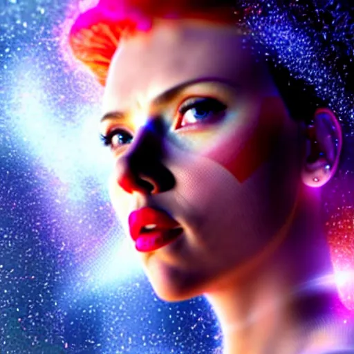 Image similar to a beautiful Scarlett Johansson as a Nebula an example of an emission nebula is widely spreaded in the galaxy in a style of Carl Larsson, Hyper detailed, 8K3d, Trending on Artstation. rendered in cinema4d, Vray Octane, Hyper realism.