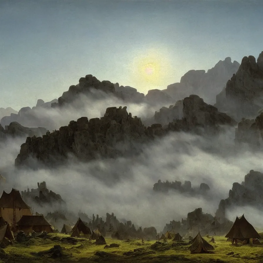 Image similar to village above the clouds, sharp pointy mountains, wooden platforms, tents, colors, misty clouds, sun at dawn, brutalism, painting by caspar david friedrich