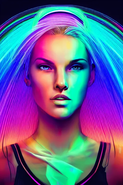 Image similar to a award winning half body portrait of a beautiful woman with stunning eyes in a croptop and cargo pants with rainbow colored ombre hairstyle head in motion and hair flying by thomas danthony, outlined by whirling illuminated neon lines, outrun, vaporware, shaded flat illustration, digital art, trending on artstation, highly detailed, fine detail, intricate