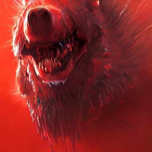 Image similar to realistic portrait of a grox from spore, red furry cyborg creature with one robotic eye, head of a bear, pointy ears, dramatic lighting, illustration by greg rutkowski, yoji shinkawa, 4 k, digital art, concept art, trending on artstation