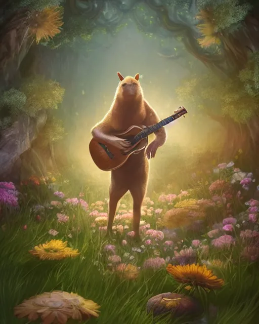 Prompt: Capybara playing Guitar in magical forest, portrait, flowers, flower dress, magic the gathering artwork, D&D, fantasy, cinematic lighting, centered, symmetrical, highly detailed, digital painting, artstation, concept art, smooth, sharp focus, illustration, volumetric lighting, epic Composition, 8k, art by Akihiko Yoshida and Greg Rutkowski and Craig Mullins, oil painting, cgsociety