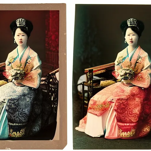 Image similar to a wide full shot, colored russian and japanese mix historical fantasy of a photograph portrait taken of a royal wedding ceremony, photographic portrait, warm lighting, 1 9 0 7 photo from the official wedding photographer for the royal wedding.