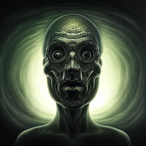 Image similar to peer into the depths of the endless cosmic void, shine a light on your darkest terror. by anton semenov, hyperrealistic photorealism acrylic on canvas