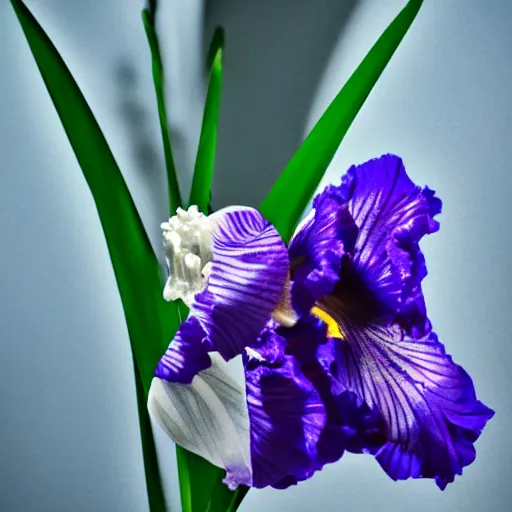 Image similar to an iris flower made of metal, cybertronic, shiny