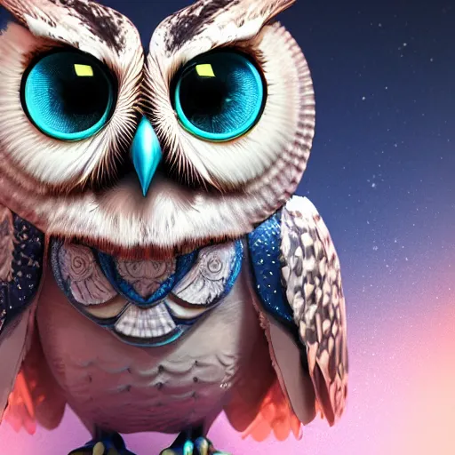 Prompt: cute owl, charactor, with big blue eyes, gothic, with a crown on his head, magical, warrior, hyper detailed, stylistic, symmetrical, 3 d render, photorealitic, 8 k, octane render