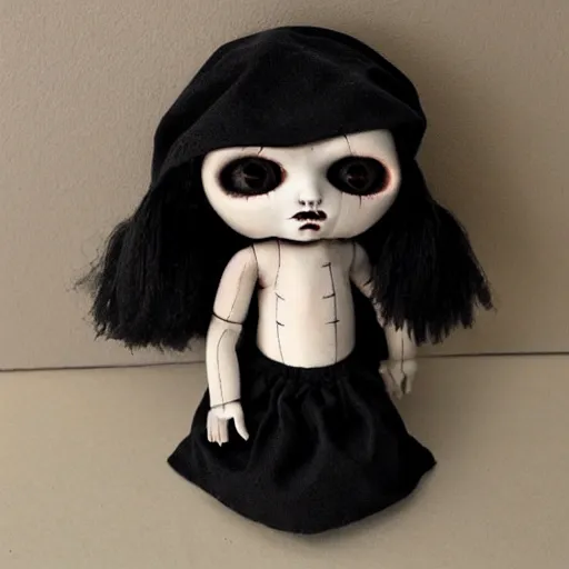 Prompt: creepy doll cursed witchcraft black eyes toy Lovecraftian dark blackness simple doll