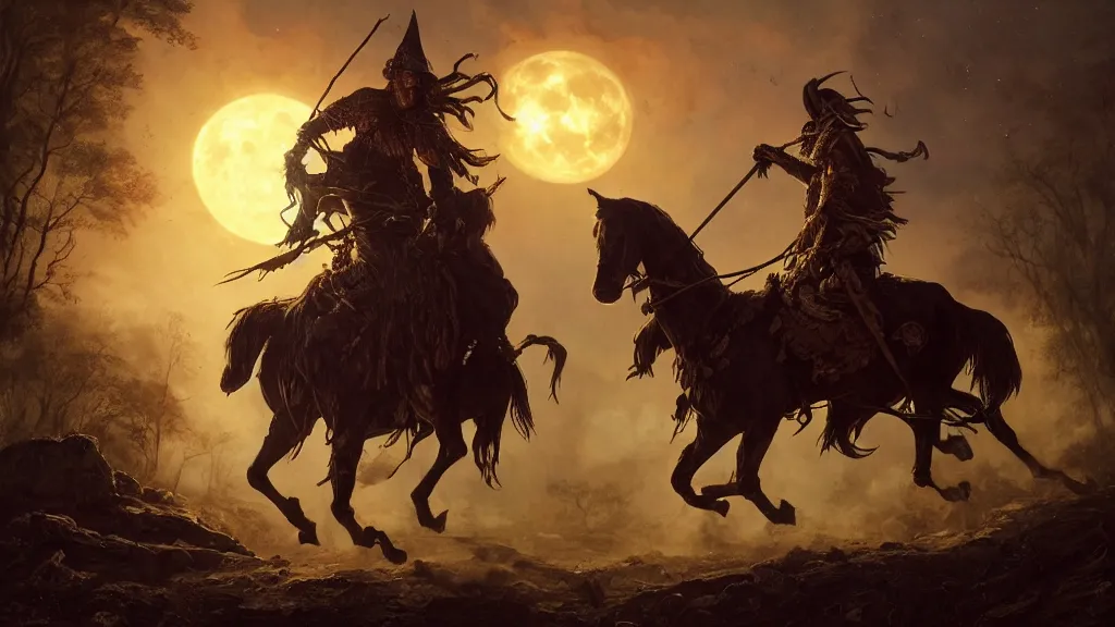 Prompt: a colonial rider!!!! with jack - o - lantern head on lone rampant!!! ( ( black horse ) ) with fiery eyes, background gnarled trees and large supermoon, in the styles of greg rutkowski, keith parkinson, and john quidor, intricate, detailed, volumetric lighting