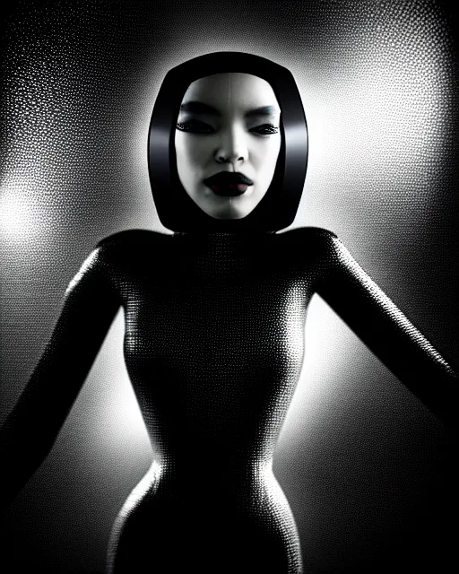 Image similar to black and white high quality photo of a beautiful futuristic dancing female human-queen-insect-cyborg looking into a sci-fi mirror:: volumetric lighting, liminal space, brutalism, foggy, dreamy, hyperdetailed, bokeh, photorealistic, cinematic, masterpiece, Metropolis, elegant, dark, octane render, 8K, by Man Ray in the style of Dora Maar