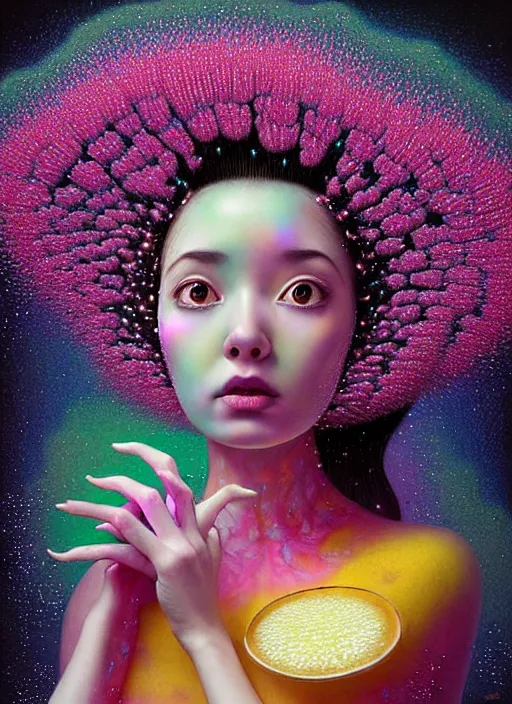 Image similar to hyper detailed 3d render like a Oil painting - kawaii portrait Aurora (black haired Fae) seen shocked and Eating of the Strangling network of yellowcake aerochrome and milky Fruit and Her delicate Hands hold of gossamer polyp blossoms bring iridescent fungal flowers whose spores black the foolish stars by Jacek Yerka, Mariusz Lewandowski, Houdini algorithmic generative render, Abstract brush strokes, Masterpiece, Edward Hopper and James Gilleard, Zdzislaw Beksinski, Mark Ryden, Wolfgang Lettl, hints of Yayoi Kasuma, octane render, 8k