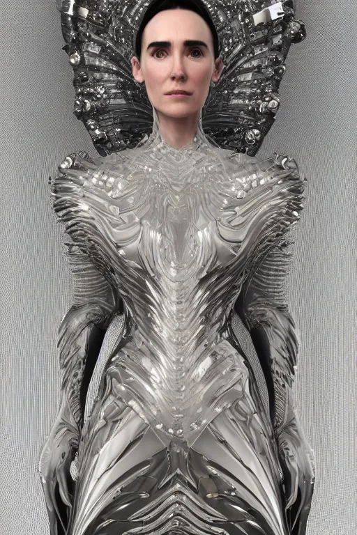 Image similar to a highly detailed medium shot 8 k render portrait of an alien goddess jennifer connelly in iris van herpen dress schiaparelli armor in diamonds and lots of jewelry in style of alphonse mucha trending on artstation made in unreal engine 4