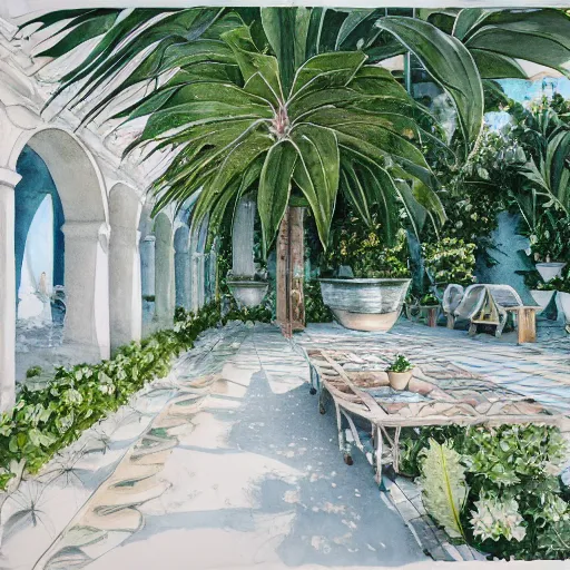 Image similar to delicate marble garden on jupiter's moon, beach volleyball babes, botanic watercolors, iridescent, 8 k wide angle, realistic shaded, fine details, artstation, italian, colonnade, oak tree, hydrangea, gardena architecture, party atmosphere