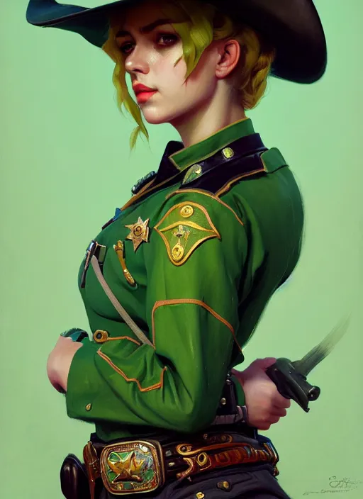 Image similar to female sheriff, beautiful girl, full body, green hair, cowboy hat, realistic, serov, surikov, vasnetsov, repin, kramskoi, insanely detailed, charlie bowater, tom bagshaw, high resolution, octane rendered, unreal engine, illustration, trending on artstation, masterpiece, 8 k