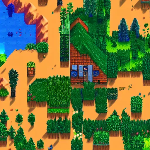 Image similar to aerial photorealistic view 3d terrain stardew valley