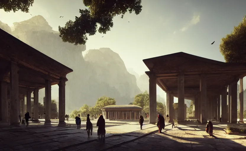 Image similar to exterior shot of utopian train station on in the middle of an ancient persian temple hill with cinematic lighting by peter zumthor and renzo piano, darek zabrocki and greg ruthkowski, simon stalenhag, cinematic, holy place, paradise, scifi, futurism, atmospheric, concept art, artstation, trending on artstation