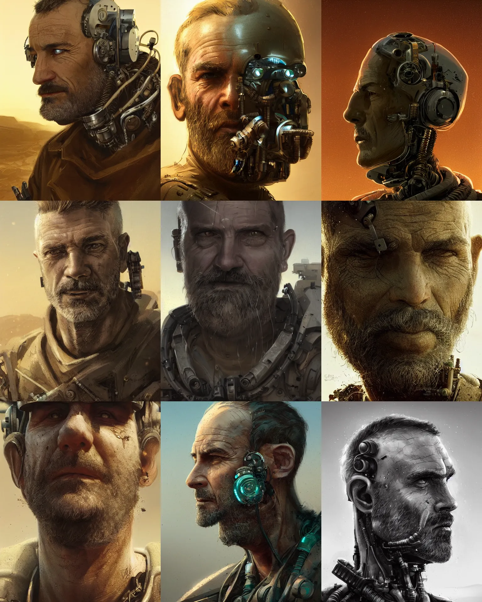 Prompt: a rugged middle aged engineer man with cybernetic enhancements and half head shaved lost in the desert, scifi character portrait by greg rutkowski, esuthio, craig mullins, short beard, green eyes, 1 / 4 headshot, cinematic lighting, dystopian scifi gear, gloomy, profile picture, mechanical, half robot, implants, steampunk