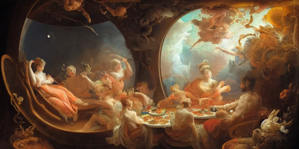 Prompt: Eating hot pot in the space station with Saturn outside the round window, in style of Jean-Honore Fragonard, surrealist