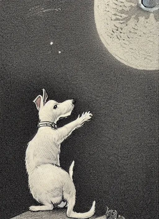 Image similar to candid portrait of jack russel dog looking up barking at the moon, from behind, night sky, highly detailed, illustrated by peggy fortnum and beatrix potter and sir john tenniel