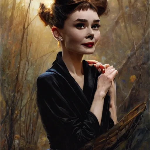 Image similar to detailed realistic cinematic wide shot of beautiful attractive audrey hepburn lilly collins vampire woman wearing black bath robe slim face symettrical face clean skin black eyes black robe smooth, sharp focus, ultra realistic, spring light, painting by gaston bussiere, craig mullins, j. c. leyendecker