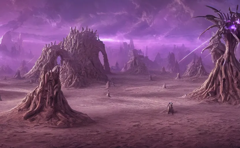 Image similar to matte painting of ant aliens in a desert, science fiction art, elaborate, detailed digital art, trending in artstation, purple color lighting