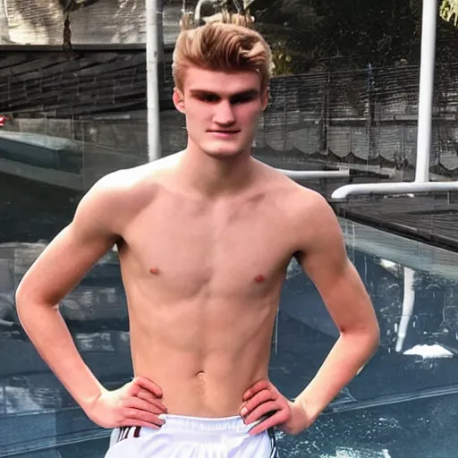 Image similar to a realistic detailed photo of a guy who is an attractive humanoid who is half robot and half humanoid, who is a male android, soccer players martin ødegaard & timo werner, shiny skin, posing like a statue, blank stare, by the pool, on display, showing off his muscles