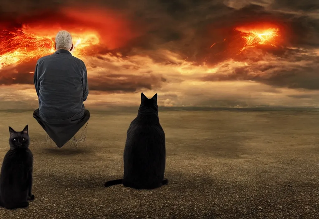 Image similar to old man sitting with black cat watching nuke explosion close up shot from behind, cinematic movie close up shot from behind, background blur bokeh, world ending nuke, 4 k