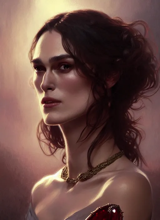 Image similar to portrait of keira knightley as a vampire lord, jewelry, greek, ruby, intricate, headshot, highly detailed, digital painting, artstation, concept art, sharp focus, cinematic lighting, illustration, art by artgerm and greg rutkowski, alphonse mucha, cgsociety