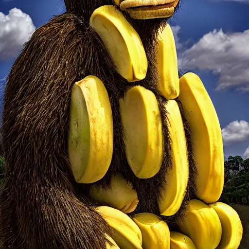 Image similar to scared man made out of bananas in a field of monkeys