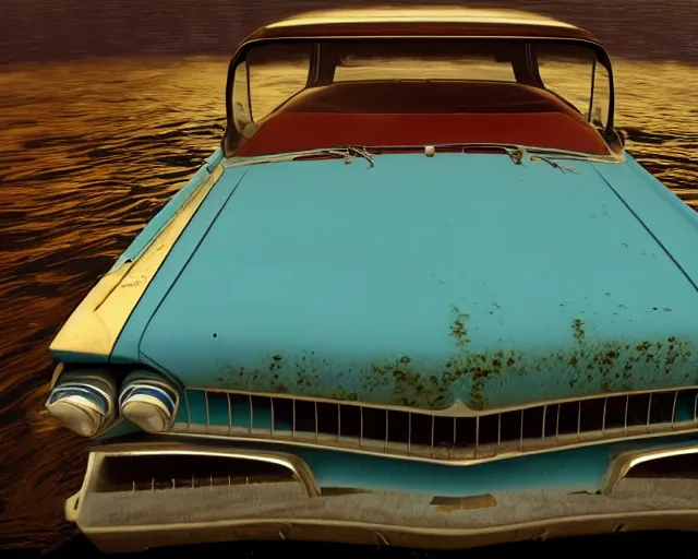 Prompt: red 1 9 5 8 plymouth fury submerged under water, cinematic, photoreal, by red dead redemption 2