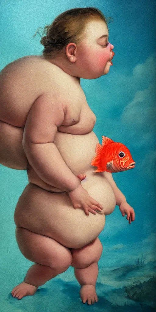 Image similar to a hype realistic oil painting of the most cute little fat girl kissing a huge colorful cute fish. hype realistic scene. old photography style. studio lighting. window. 3 d, octane render, deep focus, fashion style, white scene. very funny and sweet art. unreal engine. watercolor. fellini style. poster quality. da vinci painting style. illustration.