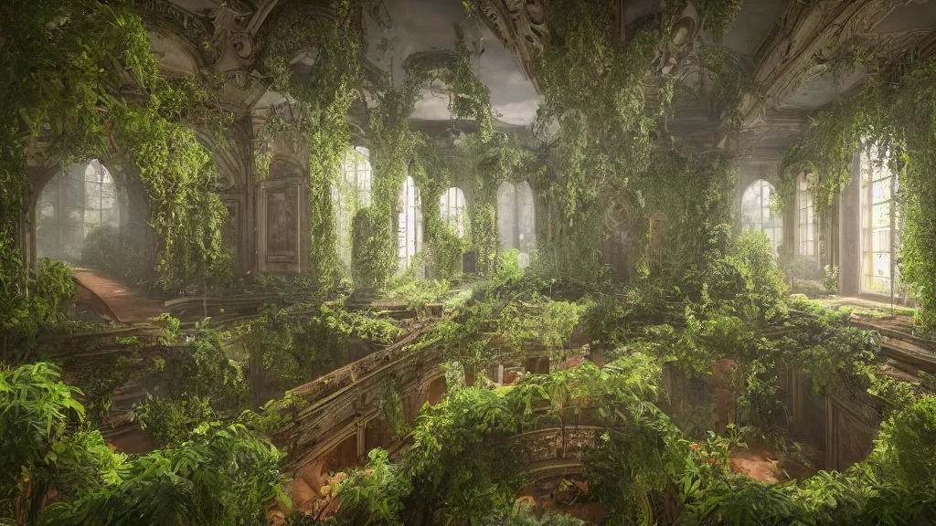 Prompt: exploring an abandoned overgrown grand library, becoming overgrown with plants with small colourful flowers, hyperrealistic, volumetric lighting highly detailed, 4 k hd