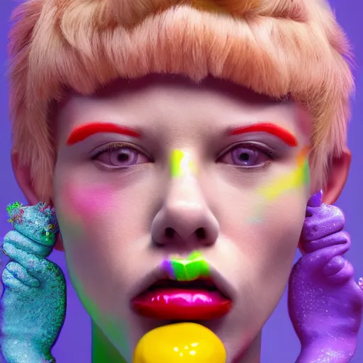 Prompt: portrait of an albino woman eating a lot of candy, unreal engine octane, colorful, hyper detailed, 50mm