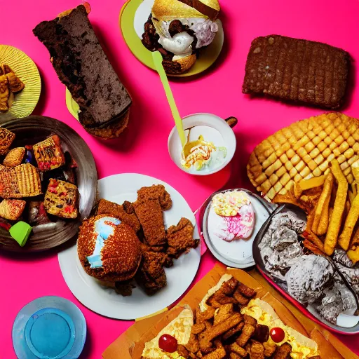 Prompt: a high resolution still life photograph of a very very large table covered in different kinds of junk food : hamburgers, fried chicken, ice cream, brownies, chips, candy, pizza, burritos, pancakes. gastronomica magazine, diffuse studio lighting, kodak portra, f 2. 8