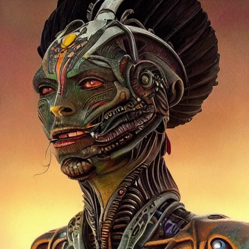 Image similar to An Alien Robot Mayan Ruler, facial tattoos, artists portrait, biomechanical, wild jungle, fantasy, highly detailed, digital painting, concept art, sharp focus, depth of field blur, illustration, art by artgerm and greg rutkowski and alphonse mucha