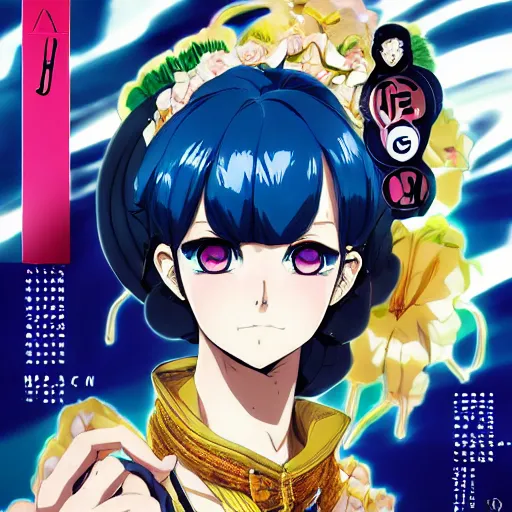 Image similar to Magazine Cover Anime key visual of a Gucci girl; official media; typography; drawn by Hirohiko Araki; Jojo's Bizarre Adventure; Jojolion, portrait, made by Stanley Artgerm Lau, WLOP, Rossdraws, James Jean, Andrei Riabovitchev, Marc Simonetti, Yoshitaka Amano, ArtStation