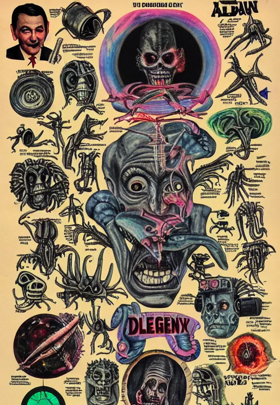 Prompt: subgenius, x - day, aliens, weird stuff, occult stuff, devil stuff, medical diagram, colorful, vintage, stained paper, hyperrealism, stage lighting