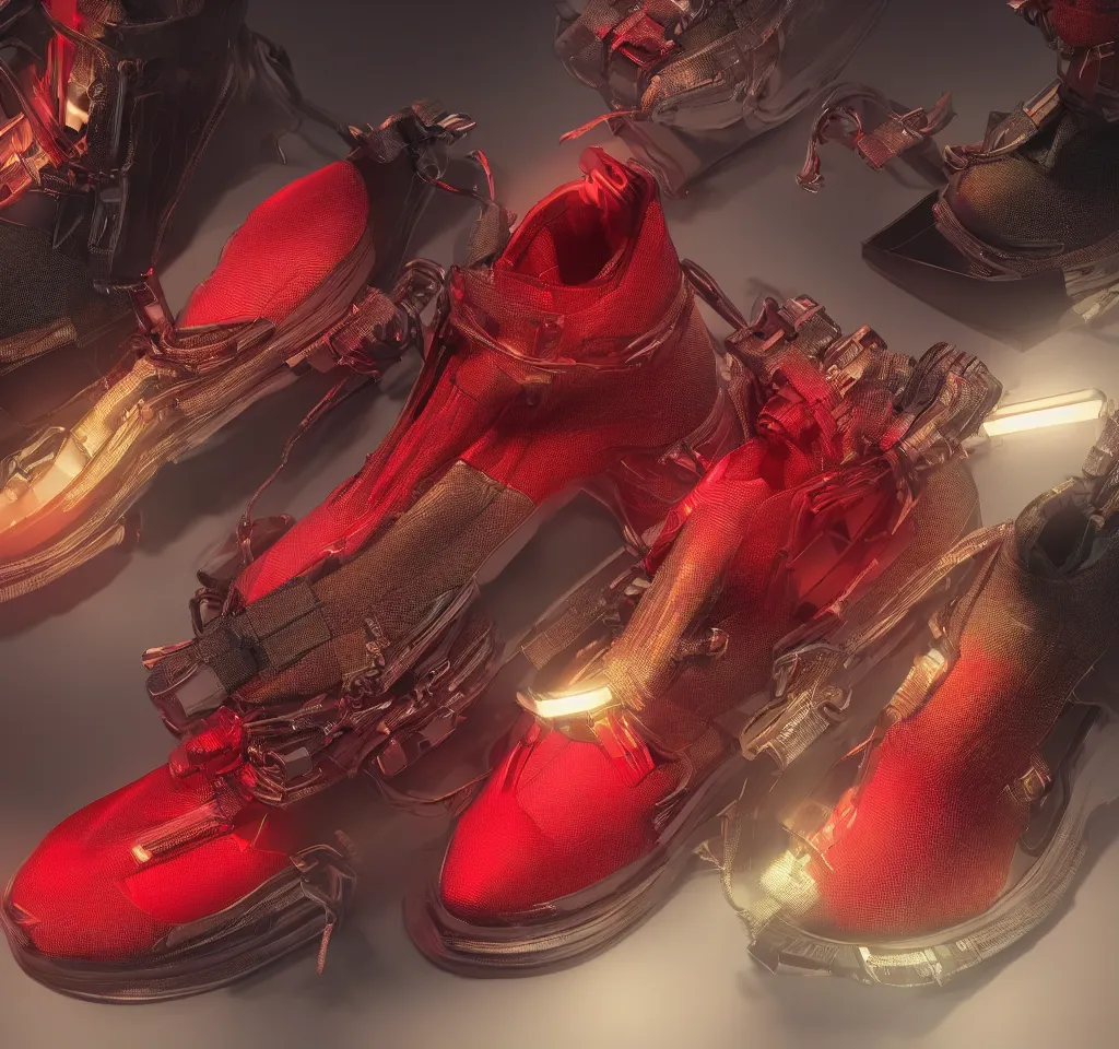 Image similar to realistic 3 d render product shot of a cyberpunk sneaker, beautiful studio lighting, soft, sharp focus, neon cyberpunk highlights, intricate detail, gold and red accents, soft rubber, octane render, wide angle, trending on artstation, deviantart, art by syd mead and issey miyake