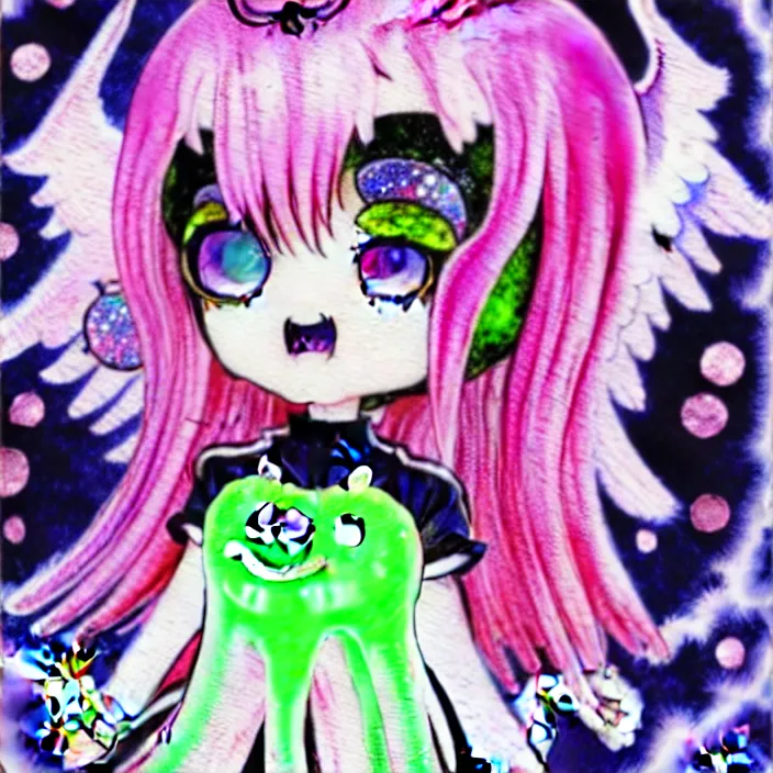 Image similar to gothic lolita cute angelic archangel, religious art watercolor slimy slime drenched skinny divine holy skellington being of glitter glue, pastel cute slime, 3 d polygon ui of neon ornamental rococo frames, maximalist decora gyaru sanrio murakami pixar concept art