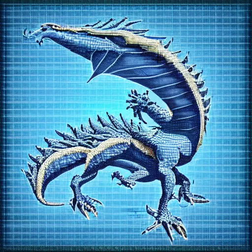 Image similar to blue blueprint of a fantasy dragon pixel art