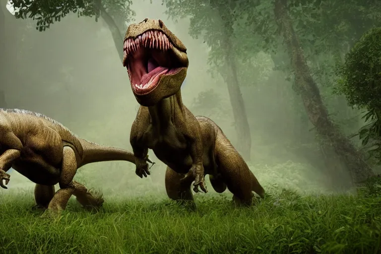 Image similar to unreal engine hyperreallistic render 8k of two trex tyrannosaurus rex dinosaurs fighting in the misty jungle action shot