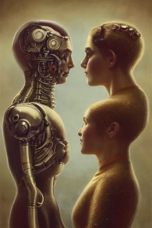 Prompt: a beautiful ultradetailed vintage photo of two cyborgs facing away from each other, by tom bagshaw and anna dittman, couples portrait, vignette, 35mm lens, golden ratio composition, detailed faces, studio photography, very detailed, humanoids, industrial robots, artstation, 8k, highly coherent