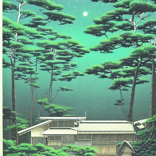 Image similar to painting by Hasui Kawase, atmospheric cozy futuristic organic white concrete house in the middle of a lush and dense forest at night, a beautiful lake next to it, night time, night sky, starry night sky, by Hasui Kawase