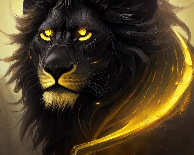 Image similar to black lion with deep big yellow eyes, deep focus, d & d, fantasy, intricate, elegant, highly detailed, digital painting, artstation, concept art, matte, sharp focus, illustration, hearthstone, art by artgerm and greg rutkowski and alphonse mucha