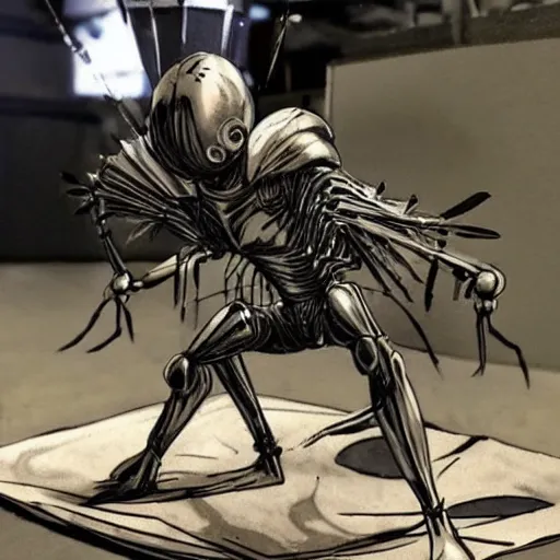 Prompt: A humanoid mosquito, reminiscent of a winged medieval knight. One punch man style.